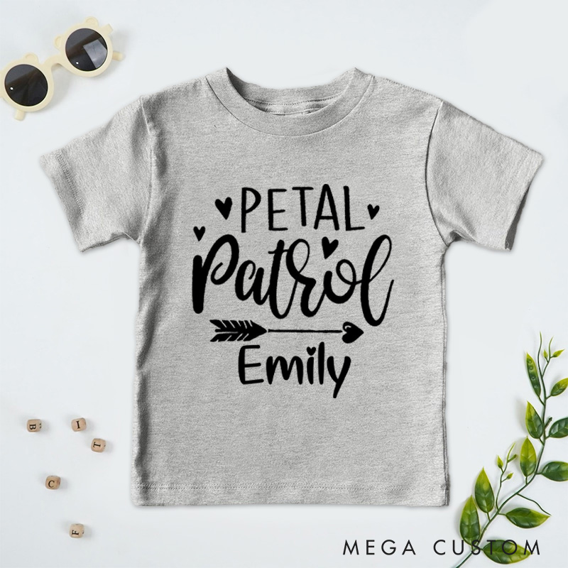 Personalized Whimsical Handwritten Petal Patrol with Heart and Arrow Wedding Flower Girl T-Shirt 