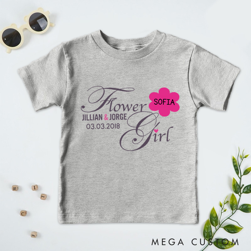 Personalized Elegant Script Flower Girl with Floral Name Wedding Flower Girl T-Shirt 