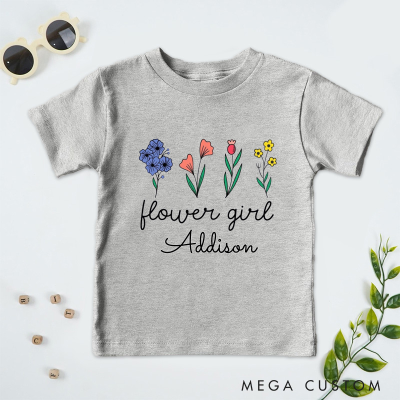 Personalized Whimsical Flower Girl Design with Hand-Drawn Flowers Wedding Flower Girl T-Shirt 