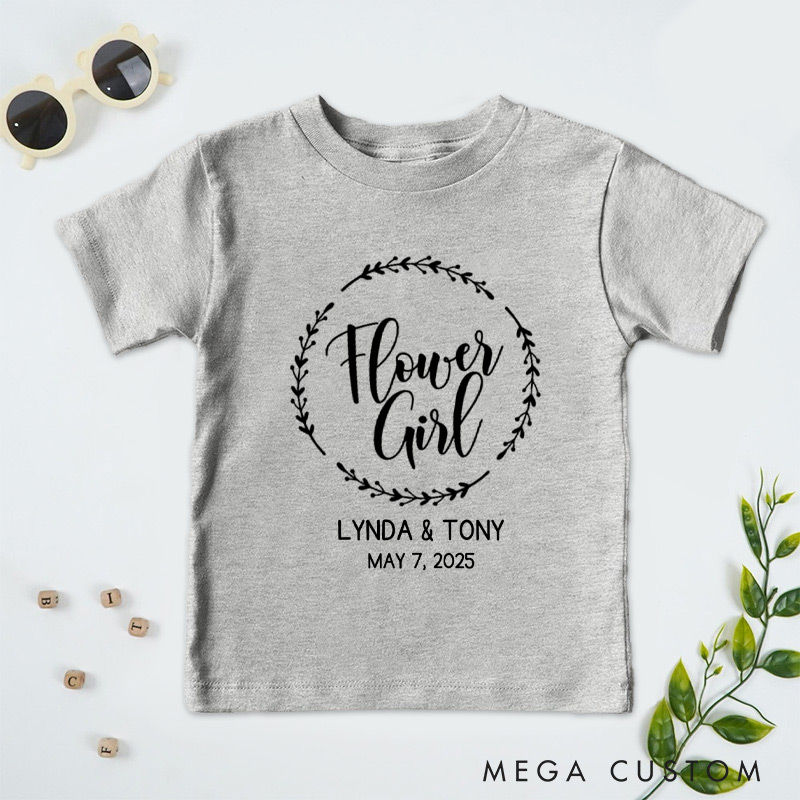 Personalized Elegant Flower Girl Design with Laurel Wreath Wedding Flower Girl T-Shirt 
