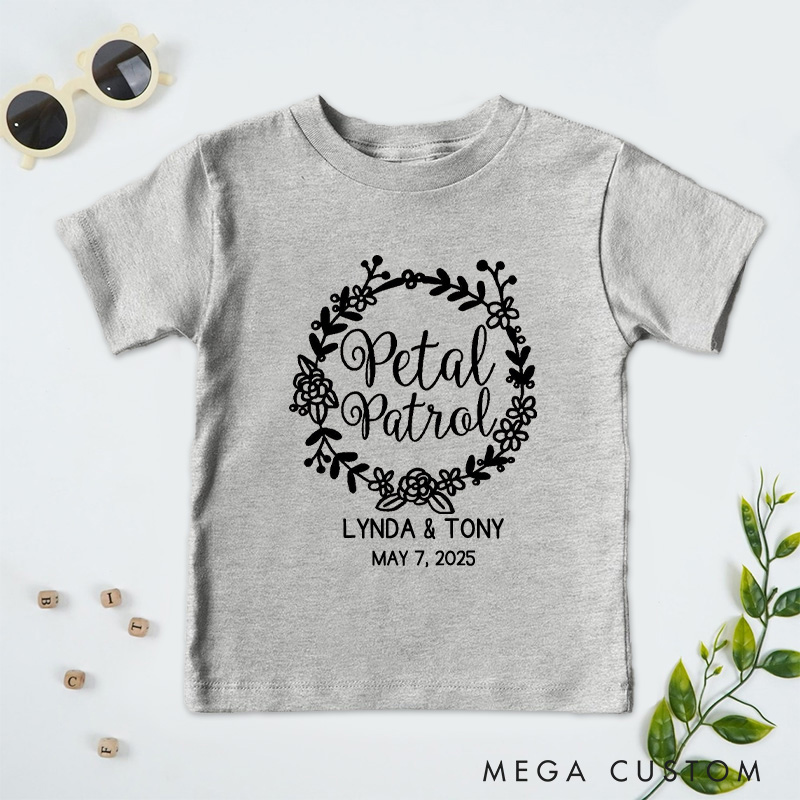 Personalized Elegant Petal Patrol with Floral Wreath Wedding Flower Girl T-Shirt 