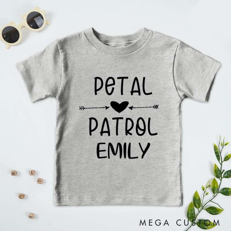 Personalized Playful Petal Patrol with Heart and Arrow Wedding Flower Girl T-Shirt 