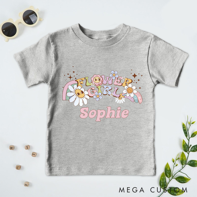 Personalized Whimsical Retro Flower Girl with Daisies and Rainbows Wedding Flower Girl T-Shirt 
