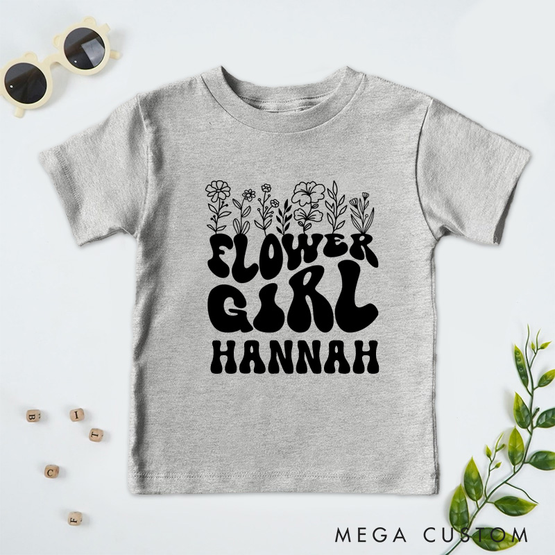 Personalized Boho Groovy Flower Girl with Floral Wedding Flower Girl T-Shirt 