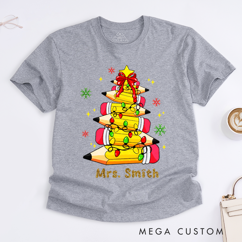 Personalized Teacher Christmas T-Shirts Cute Pencil Light Star Snowflake Design Shirt Christmas Gift for Teachers
