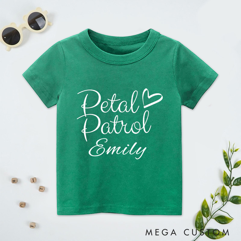 Personalized Chic Handwritten Petal Patrol with Heart Wedding Flower Girl T-Shirt 