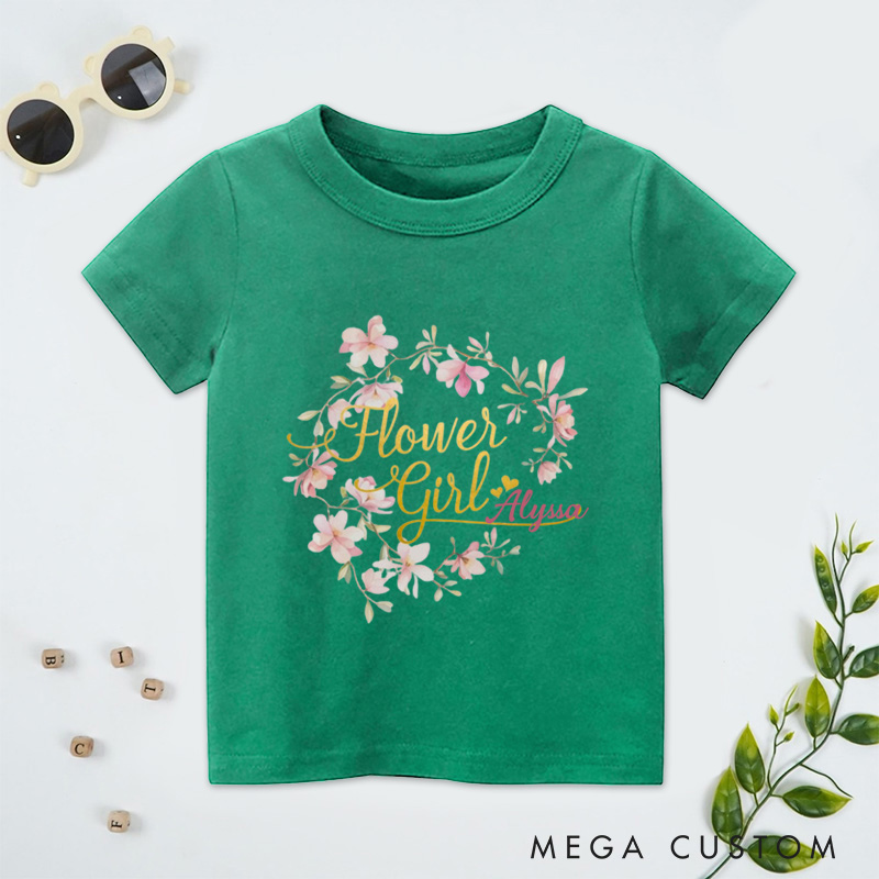 Personalized Watercolor Whimsical Floral Wreath Wedding Flower Girl T-Shirt 