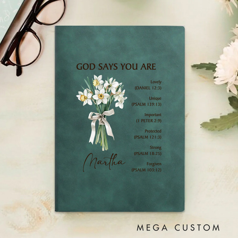 Personalized God Says You are Lovely A5 Leather Prayer Journal Notebook with Birth Flower Bouquet and Name Baptism Birthday Gift for Christians Women