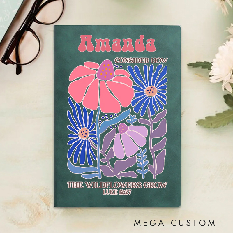 Personalized Multicolor Consider How the Wildflowers Grow A5 Sheepskin Suede Notebook with Name Baptism Birthday Gift for Christians  