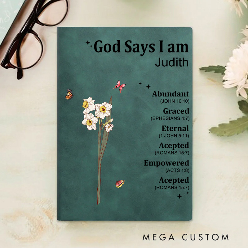 Personalized God Says I am Name Meaning on Bible Verse Leather Prayer Journal Notebook with Name Baptism Gift Thanksgiving Gift for Family Christians