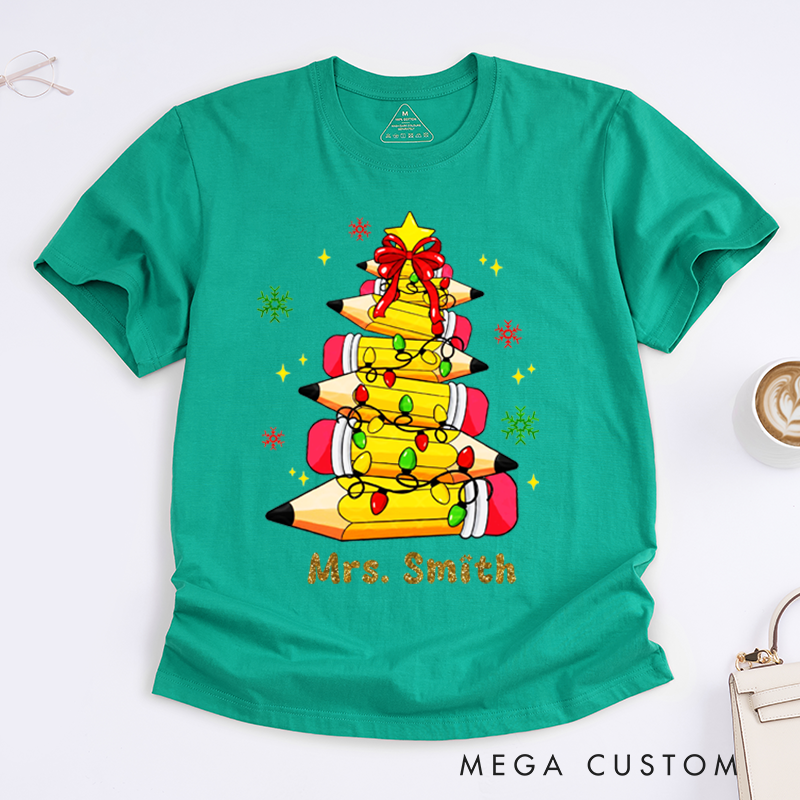 Personalized Teacher Christmas T-Shirts Cute Pencil Light Star Snowflake Design Shirt Christmas Gift for Teachers