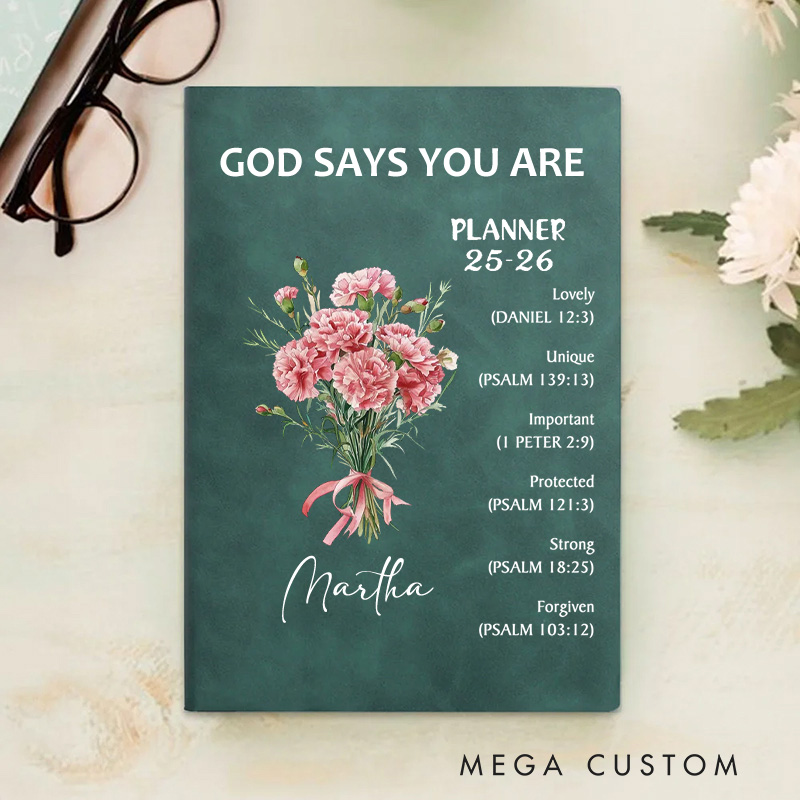 Personalized Flower Bouquet Bible Verse Planner 25-26 Leather A5 Notebook with Name Weekly Monthly Planning Birthday Religious Gift for Family Friends