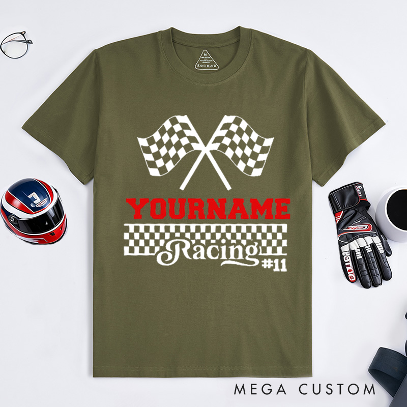 Personalized Racing Checkered Flag T-Shirt Custom Name and Number Race Team Tee Gift for Racers and Racing Lovers