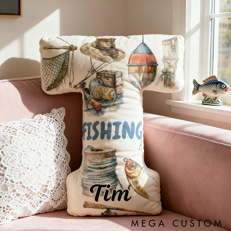 Personalized Fishing Pillow Custom Name Pillow with Fishing Gear Graphic 3D Print Perfect Gift for Fishing Enthusiasts and Cozy Home Decor 
