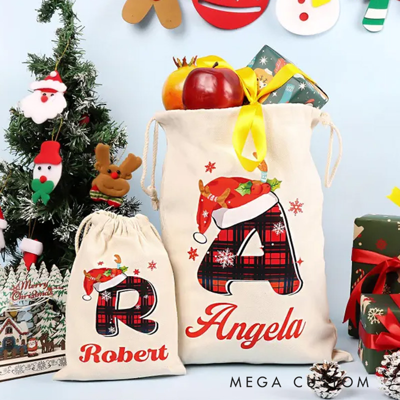 Personalized Plaid Initial Christmas Bag with Festive Santa Hat and Custom Name for Holiday Gift Giving