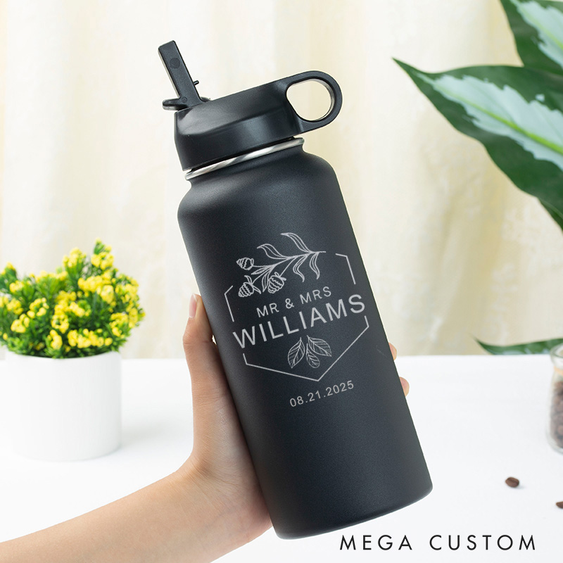 Personalized Mr and Mrs Acorns Couple 32oz Insulated Bottle with Straw