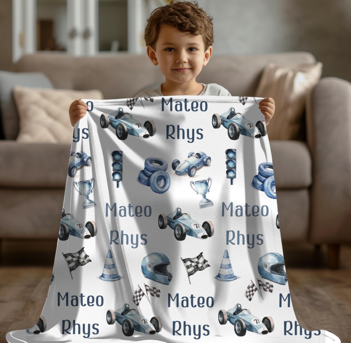 Personalized Kids' Racing Blanket Custom Name GoKart Throw Pillow Racing Lover Kids