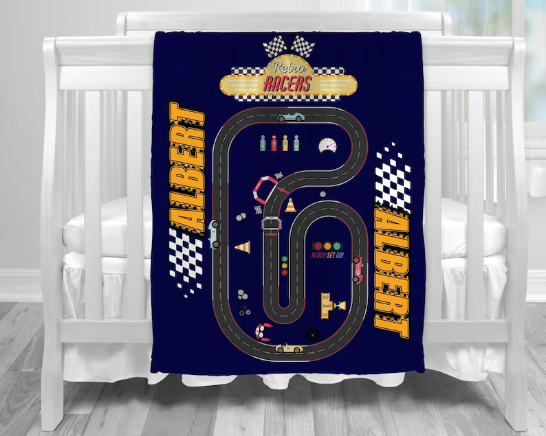 Personalized Racing Track Blanket Custom Name Throw Gift for Racing Lover Kids
