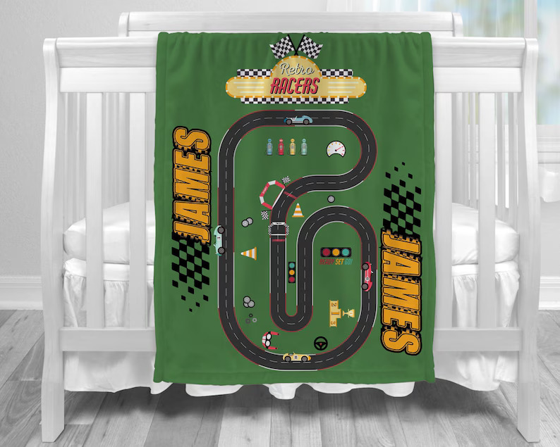Personalized Racing Track Blanket Custom Name Throw Gift for Racing Lover Kids