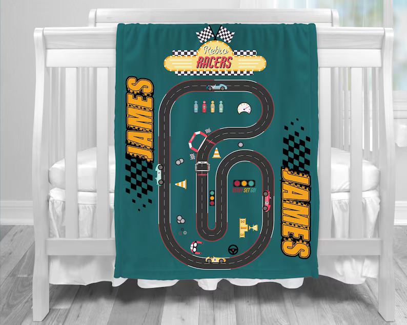 Personalized Racing Track Blanket Custom Name Throw Gift for Racing Lover Kids