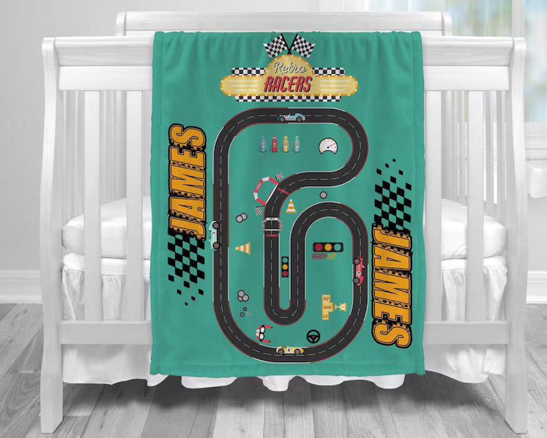Personalized Racing Track Blanket Custom Name Throw Gift for Racing Lover Kids