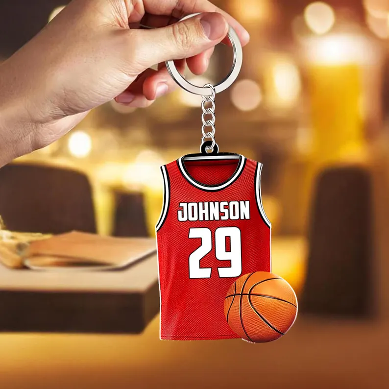Personalized Basketball Jersey Keychain with Custom Name, Number, Colors, and Ball Design