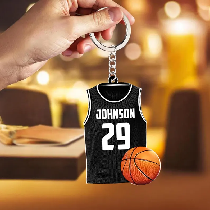 Personalized Basketball Jersey Keychain with Custom Name, Number, Colors, and Ball Design