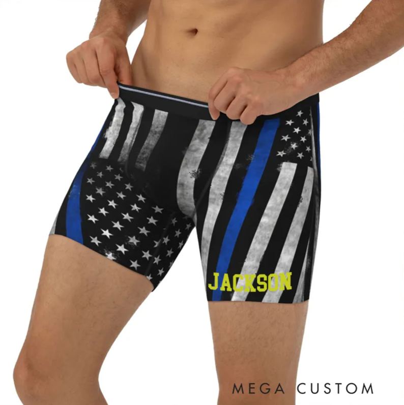 Personalized Police Themed Boxers with Thin Blue Line American Flag Design Custom Name Gift for Police Officers