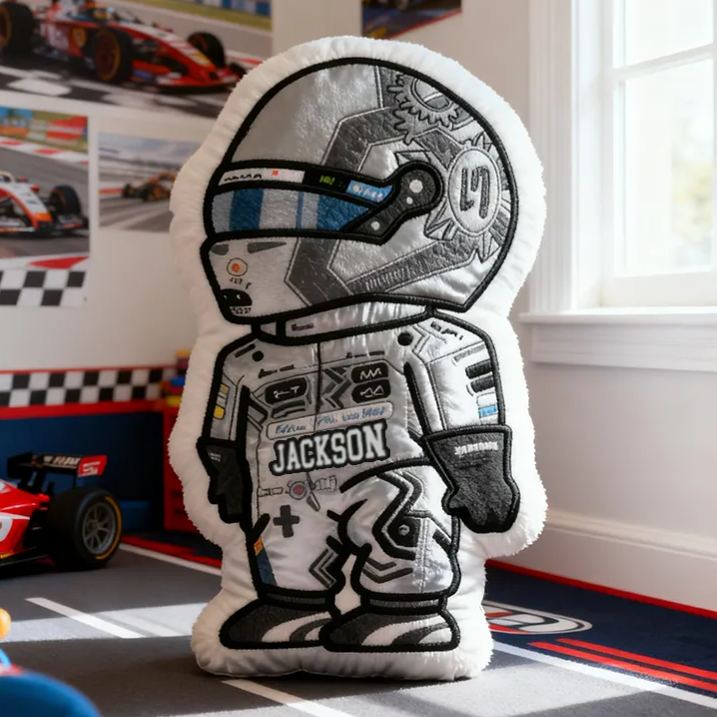 Personalized Vehicle Racing Driver Shaped Pillow with Silver Design and Custom Name Unique Gift for Kids