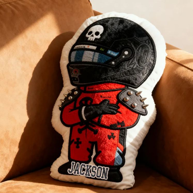 Personalized Vehicle Racing Driver Shaped Pillow with Skull Design and Custom Name Unique Gift for Kids