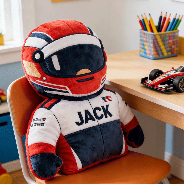 Personalized Racer Plush Pillow Custom Name Home Decor Gift for Racer and Racing Enthusiasts