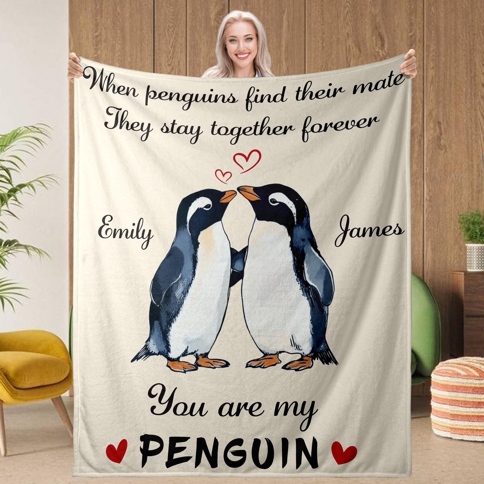 Personalized You Are My Penguin Couple Blanket Custom Names Cozy Gifts for Couple for Wife Husband Valentine's Gifts for Girlfriend Boyfriend