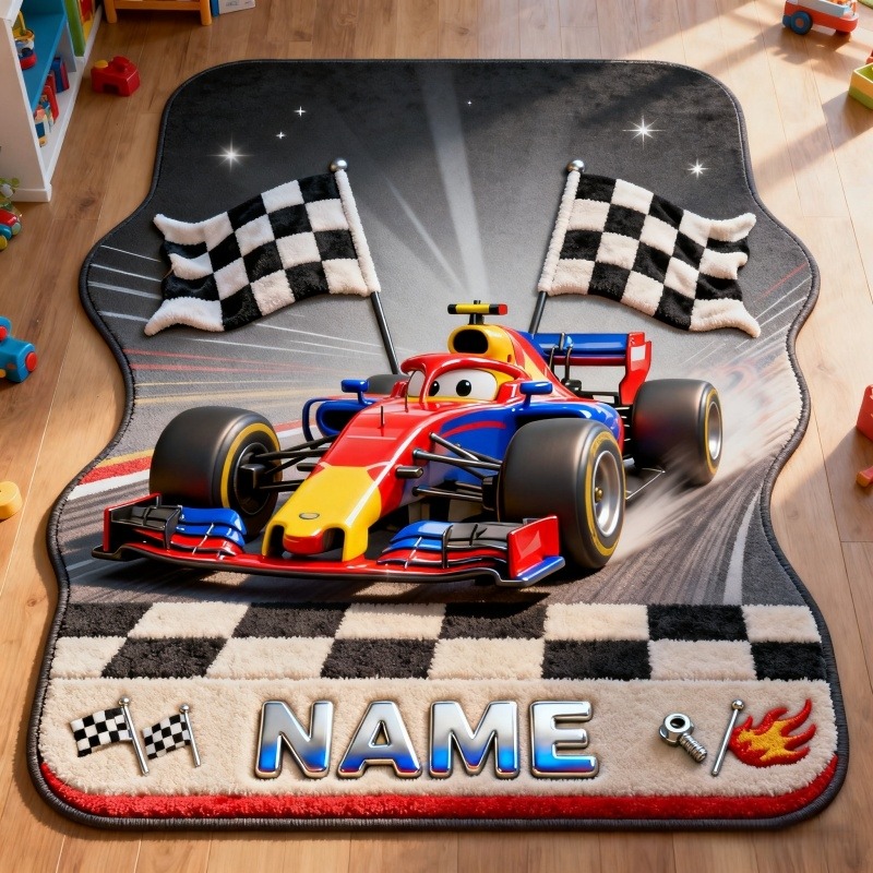 Personalized Cartoon Formula One Racing Car Floor Mat Rug Custom Name for Cartoon Lovers Christmas Birthday Party Gift for Kids and Movie Lovers