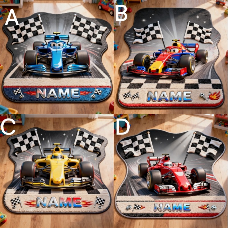 Personalized Cartoon Formula One Racing Car Floor Mat Rug Custom Name for Cartoon Lovers Christmas Birthday Party Gift for Kids and Movie Lovers