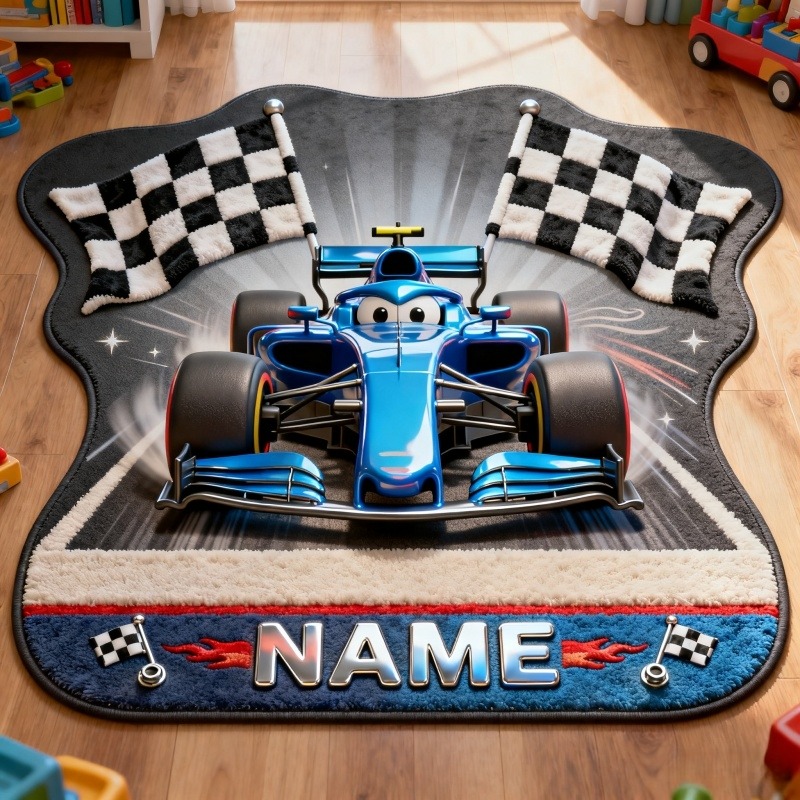 Personalized Cartoon Formula One Racing Car Floor Mat Rug Custom Name for Cartoon Lovers Christmas Birthday Party Gift for Kids and Movie Lovers