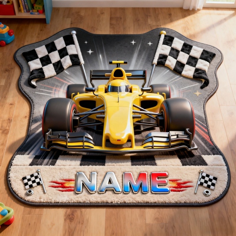 Personalized Cartoon Formula One Racing Car Floor Mat Rug Custom Name for Cartoon Lovers Christmas Birthday Party Gift for Kids and Movie Lovers