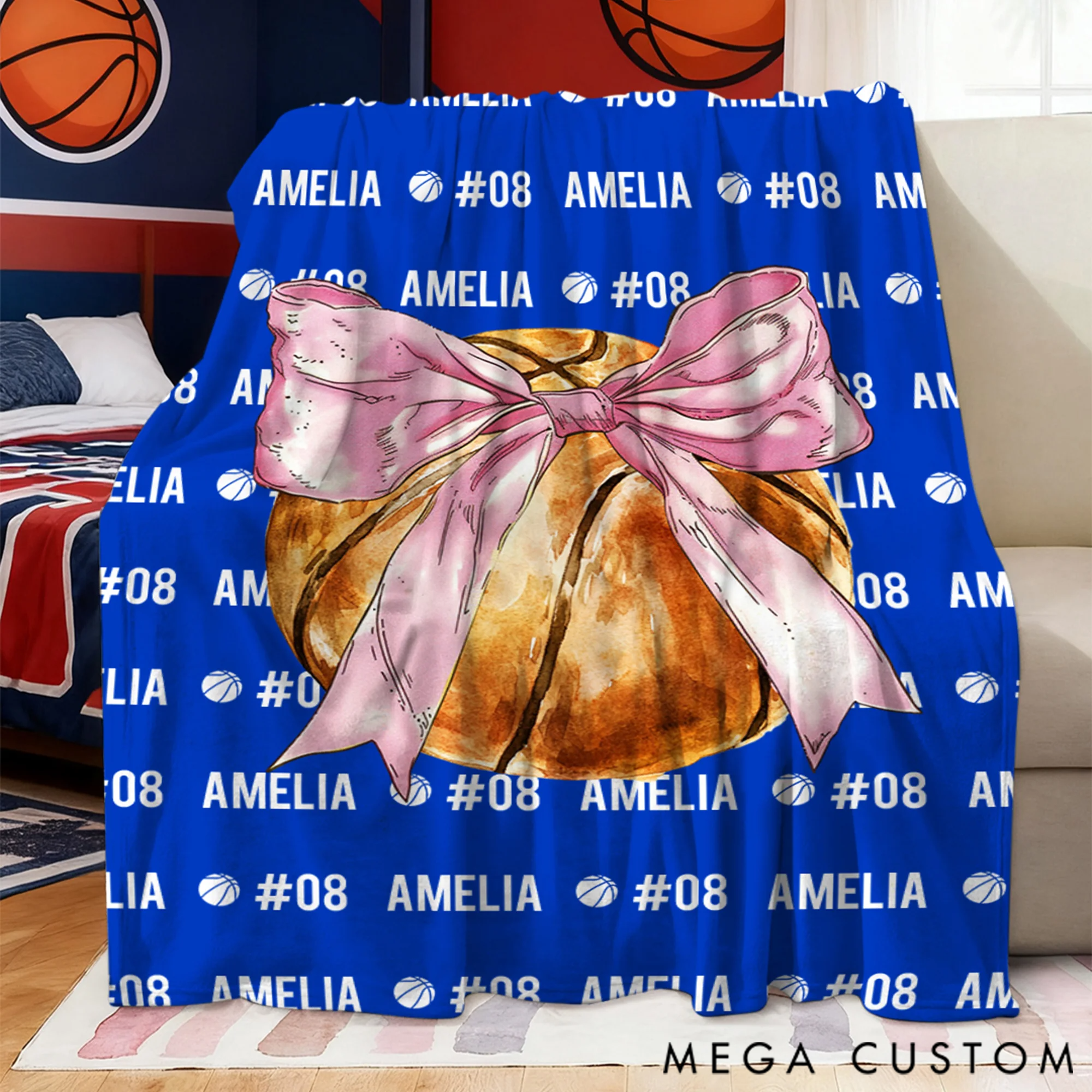 Personalized Bow Volleyball Softball Golf Ball Sports Soft Throw Blanket with Name and Number Christmas Birthday Gift for Sport Lovers Girls