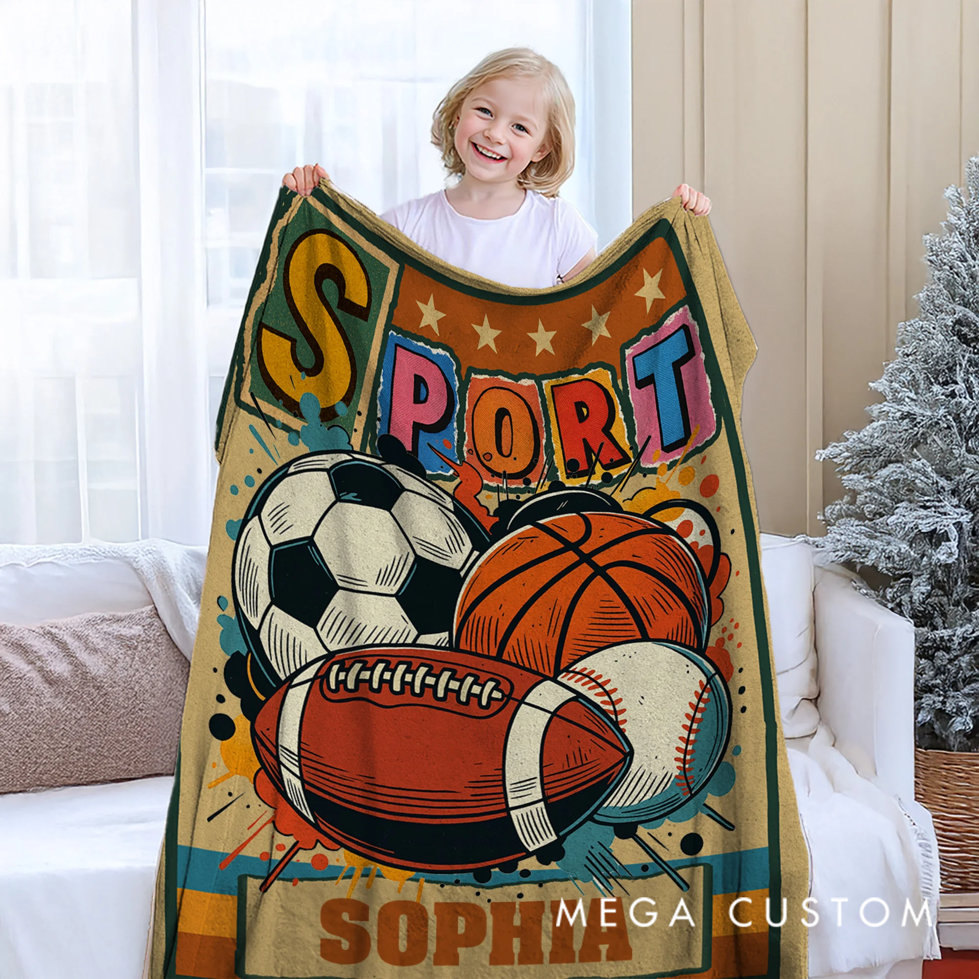 Personalized Retro Graffiti Soccer Basketball Sports Soft Throw Blanket with Name Home Decor Birthday Christmas Gift for Kids Sports Lovers