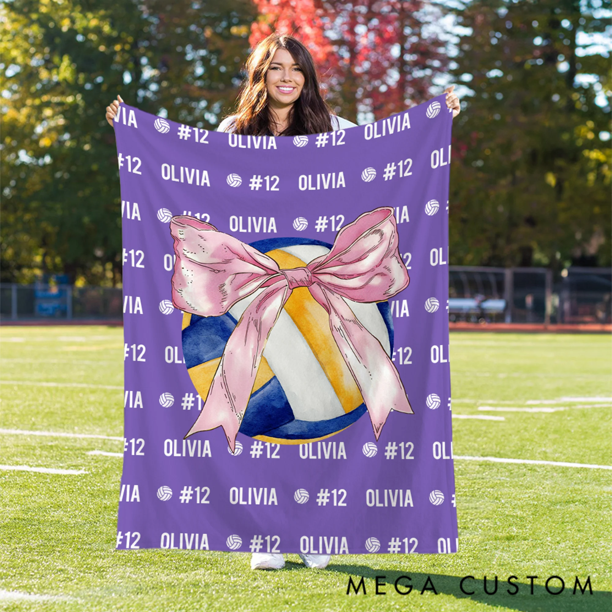 Personalized Bow Volleyball Softball Golf Ball Sports Soft Throw Blanket with Name and Number Christmas Birthday Gift for Sport Lovers Girls