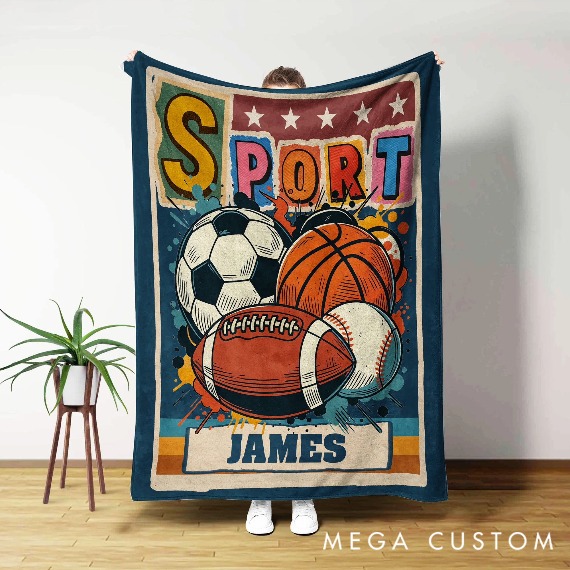 Personalized Retro Graffiti Soccer Basketball Sports Soft Throw Blanket with Name Home Decor Birthday Christmas Gift for Kids Sports Lovers
