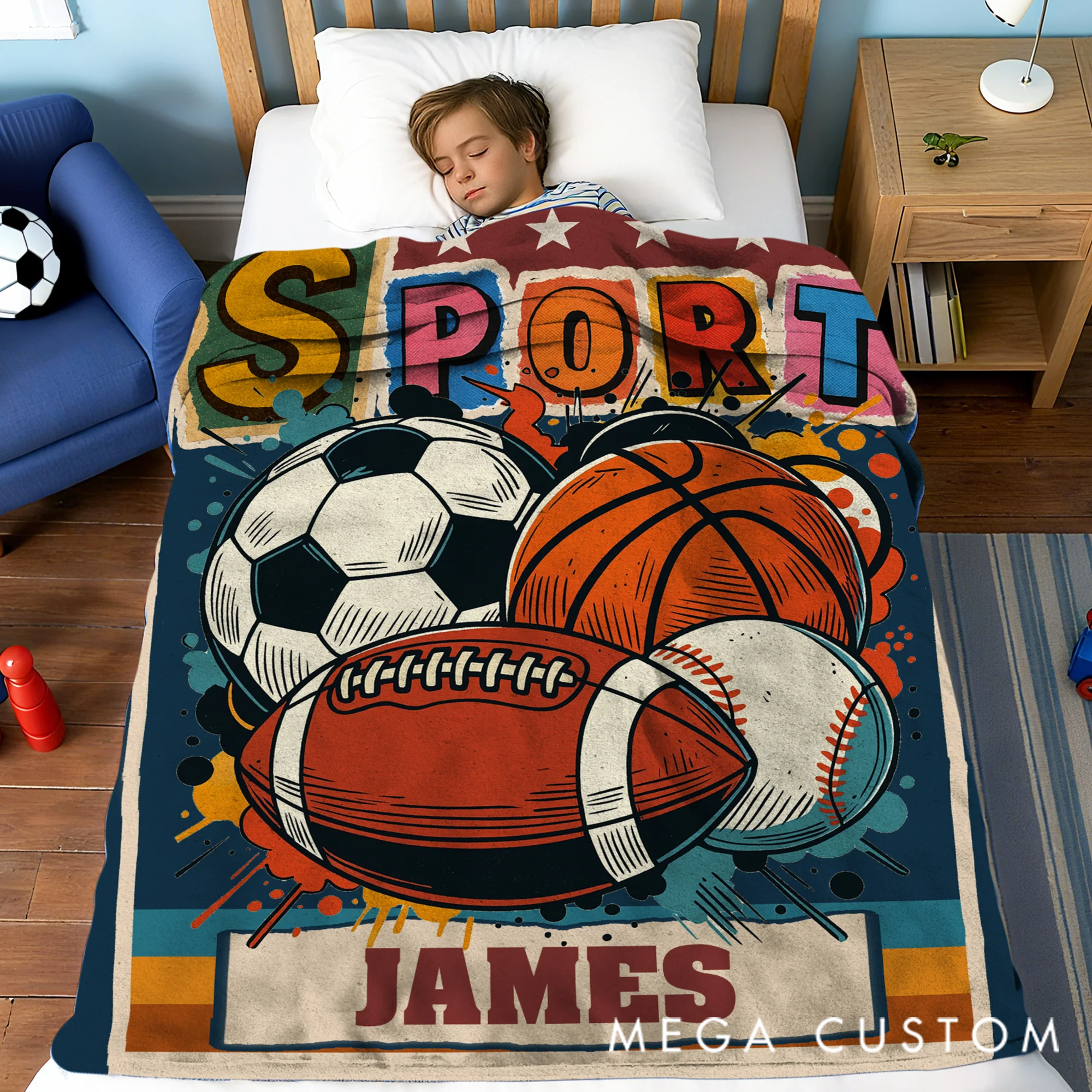 Personalized Retro Graffiti Soccer Basketball Sports Soft Throw Blanket with Name Home Decor Birthday Christmas Gift for Kids Sports Lovers
