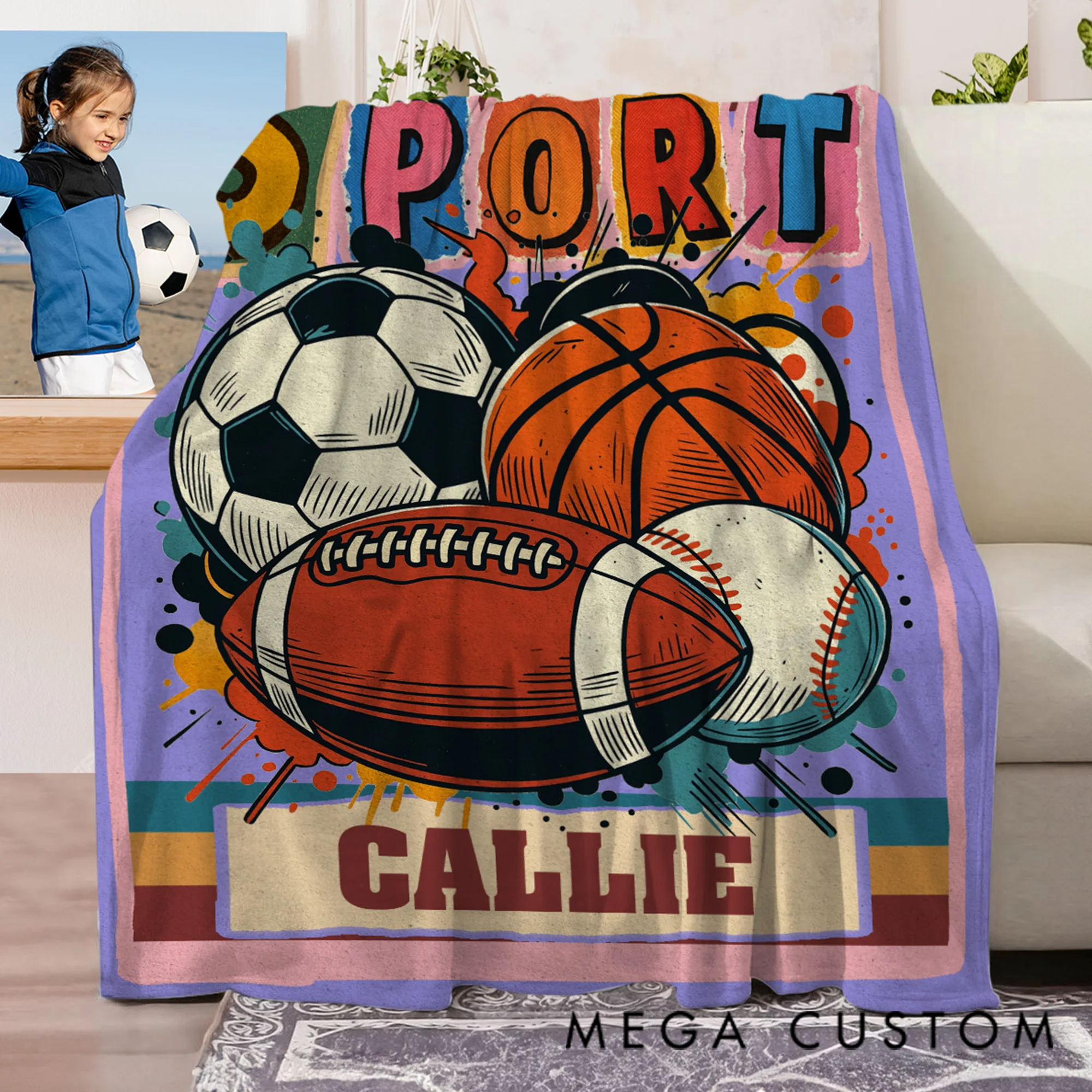 Personalized Retro Graffiti Soccer Basketball Sports Soft Throw Blanket with Name Home Decor Birthday Christmas Gift for Kids Sports Lovers