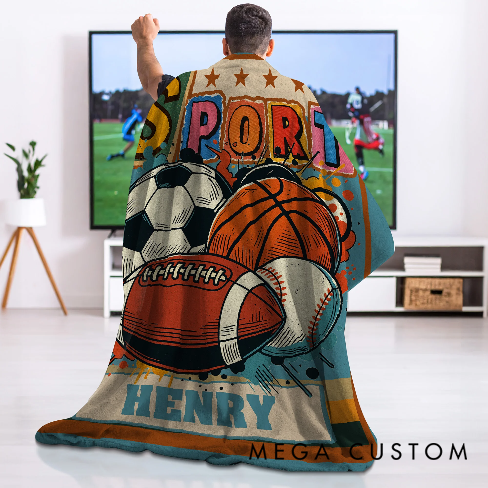 Personalized Retro Graffiti Soccer Basketball Sports Soft Throw Blanket with Name Home Decor Birthday Christmas Gift for Kids Sports Lovers