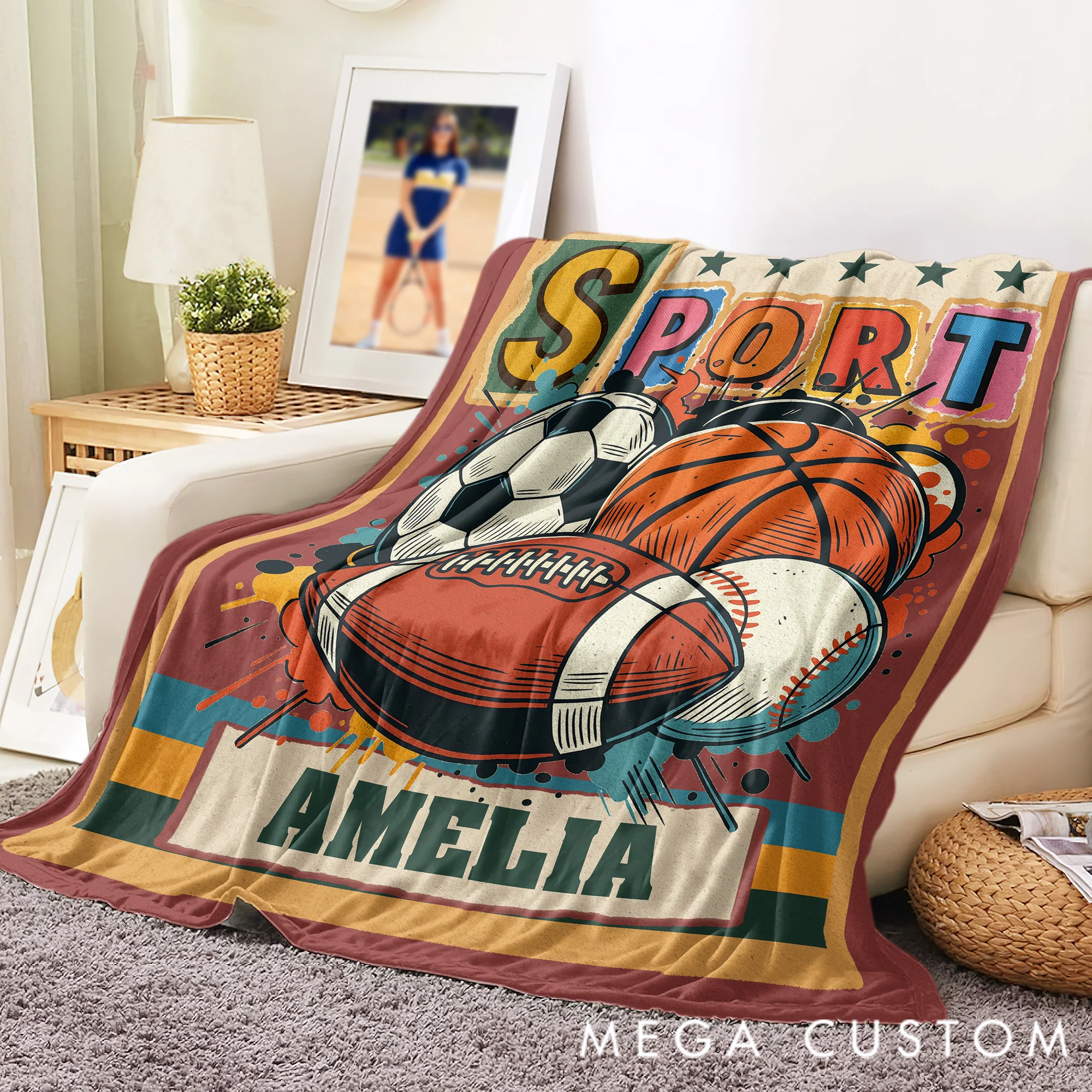 Personalized Retro Graffiti Soccer Basketball Sports Soft Throw Blanket with Name Home Decor Birthday Christmas Gift for Kids Sports Lovers