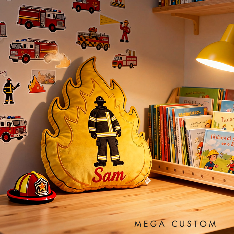 Personalized Firefighter Flame Pillow Custom Name and Color Fire Shape Cushion Gift for Firefighter Families
