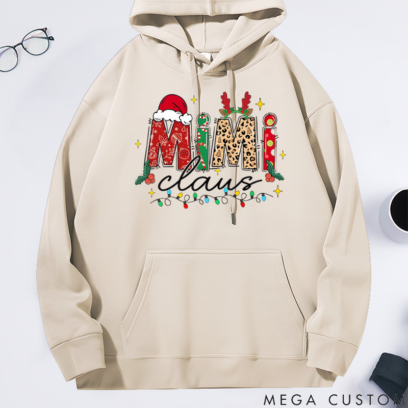 Personalized Christmas Mama Gigi Nana Claus Classic Hoodie with Santa Hat and Reindeer Antler Decorations