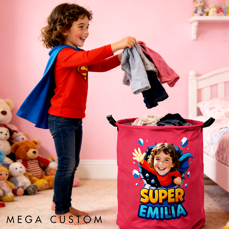 Personalized Fun Kids Laundry Basket with Handles Custom Photo and Name Embroidery Ideal Kids Gift