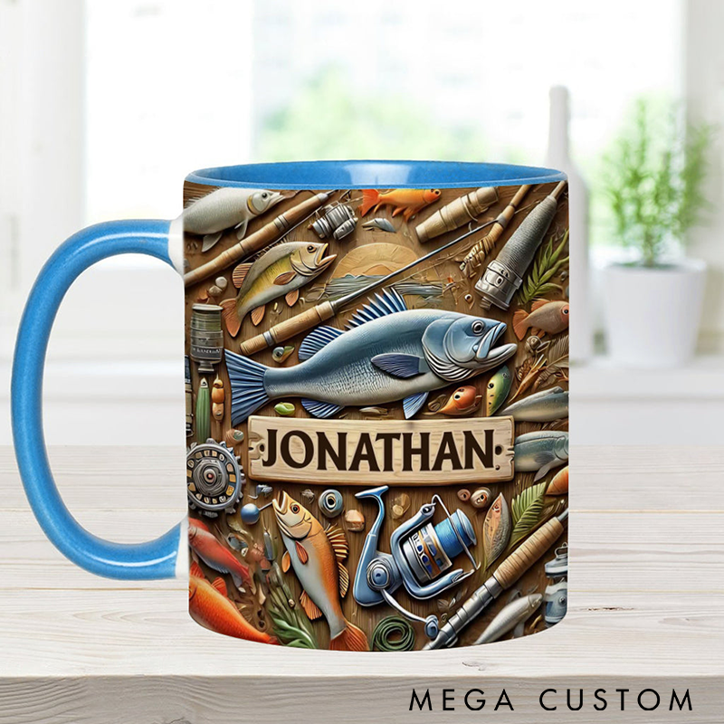 Personalized Funny Fishing Mug Fishing Mug Fishing Gear Mug Custom Name Detailed Fishing Gear Design for Anglers