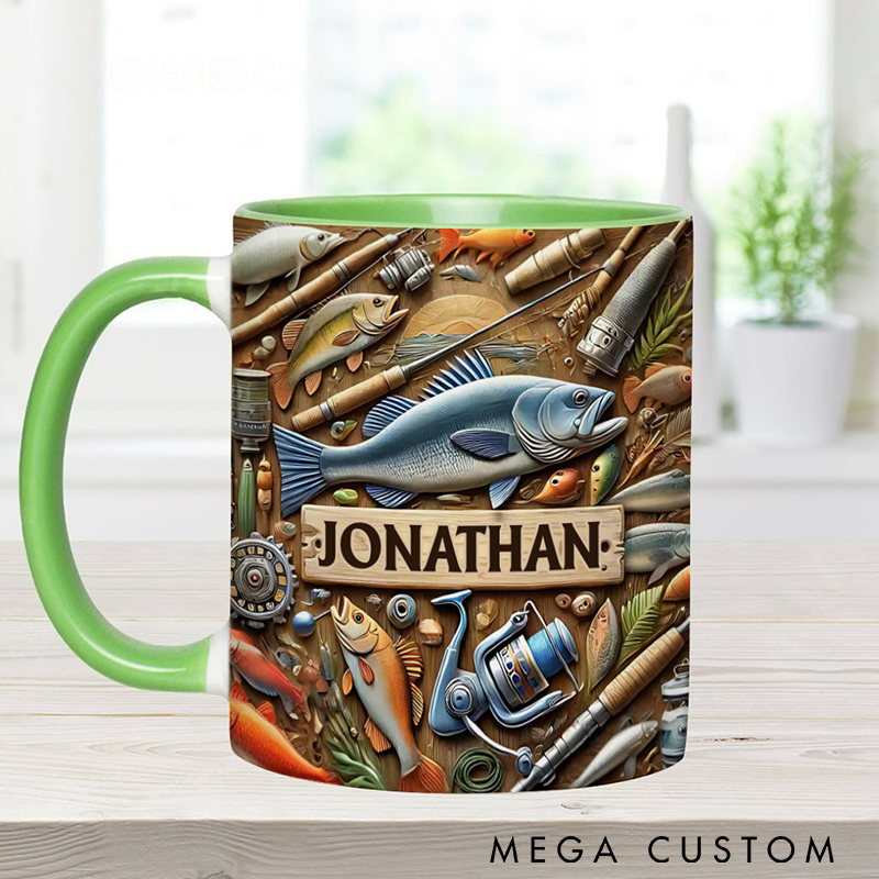 Personalized Funny Fishing Mug Fishing Mug Fishing Gear Mug Custom Name Detailed Fishing Gear Design for Anglers