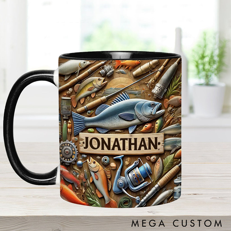Personalized Funny Fishing Mug Fishing Mug Fishing Gear Mug Custom Name Detailed Fishing Gear Design for Anglers